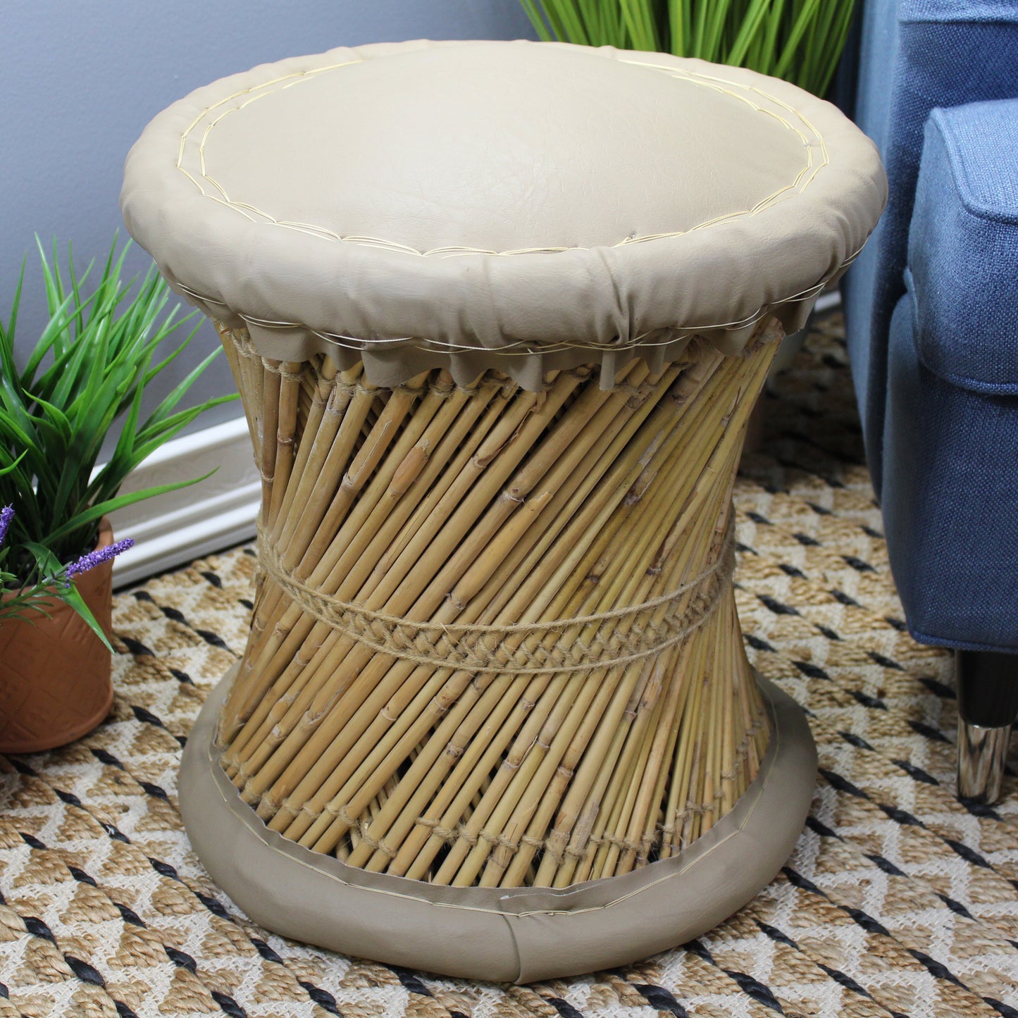 Natural Geo Moray Faux Leather/Reed Decorative Cushioned Accent Stool