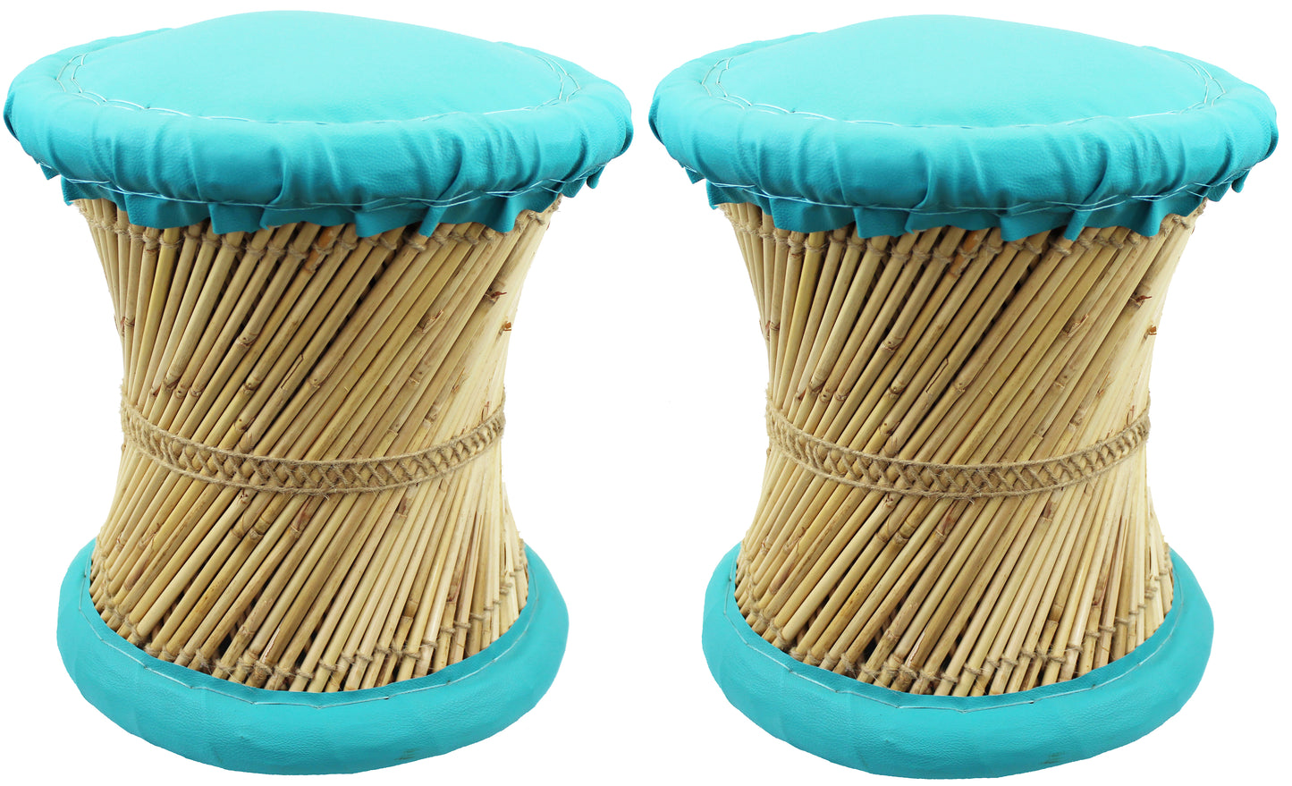 Natural Geo Moray Faux Leather/Reed Decorative Cushioned Accent Stool (Set of 2)