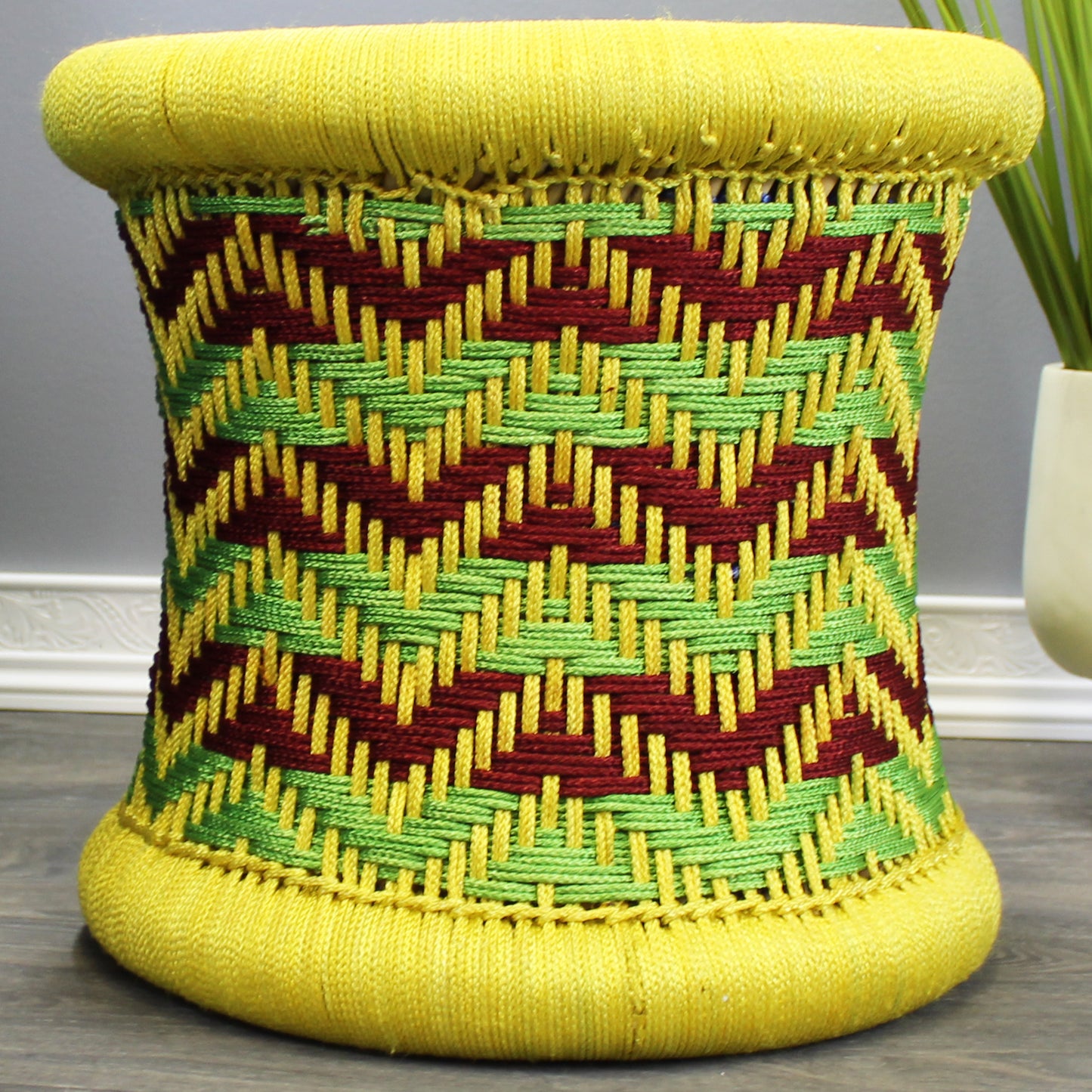 Natural Geo Decorative Handwoven Yellow/Green/Maroon Accent Stool