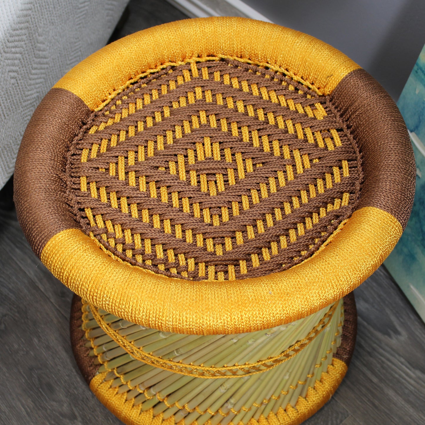 Natural Geo Handwoven Moray Yellow Accent Stool