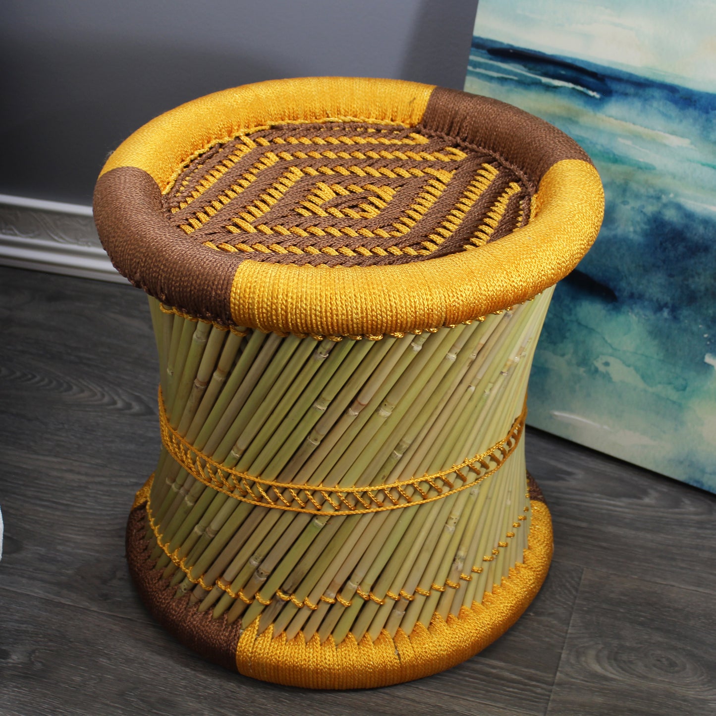 Natural Geo Handwoven Moray Yellow Accent Stool