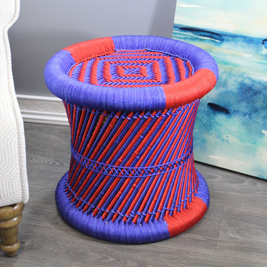 Natural Geo Handwoven Red/Blue Moray Accent Stool