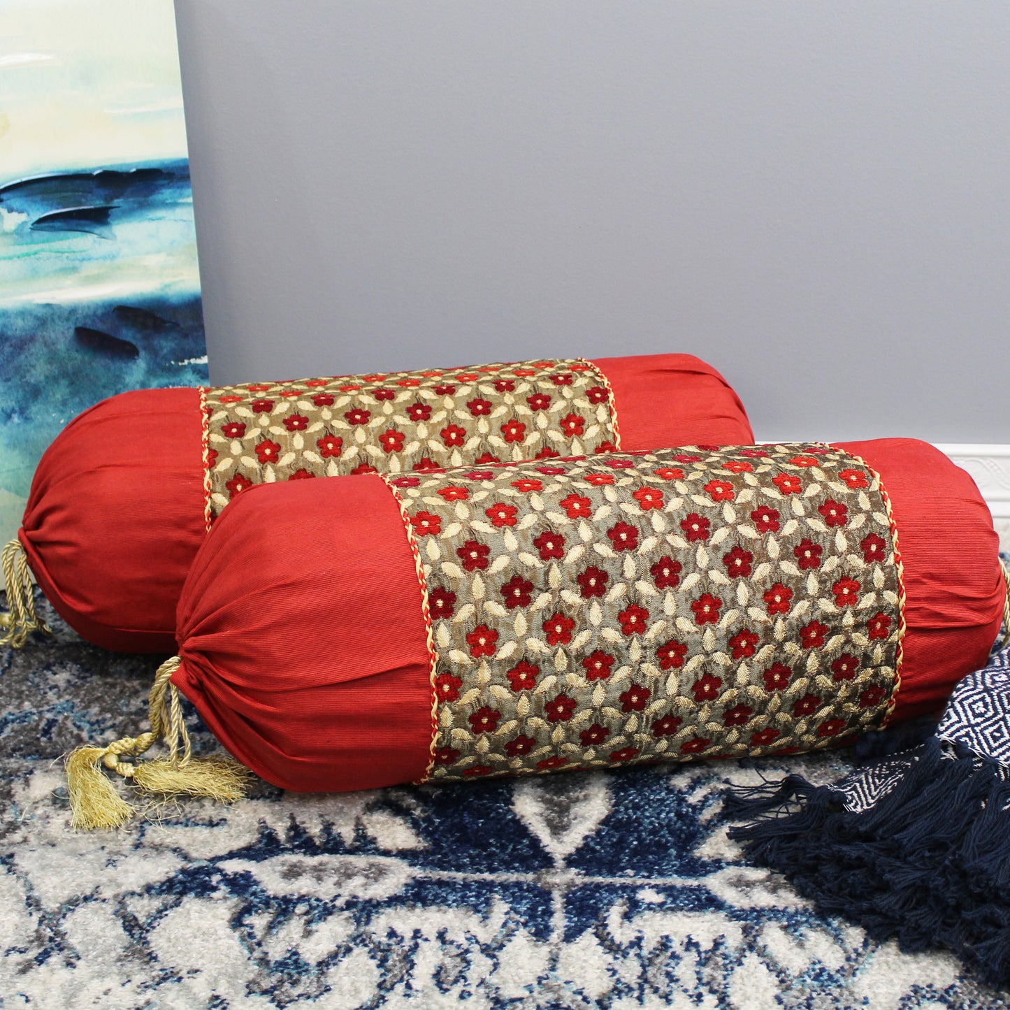 Natural Geo Red/Gold Gao Takiya Bolster Cylindrical Pillow (Set of 2)