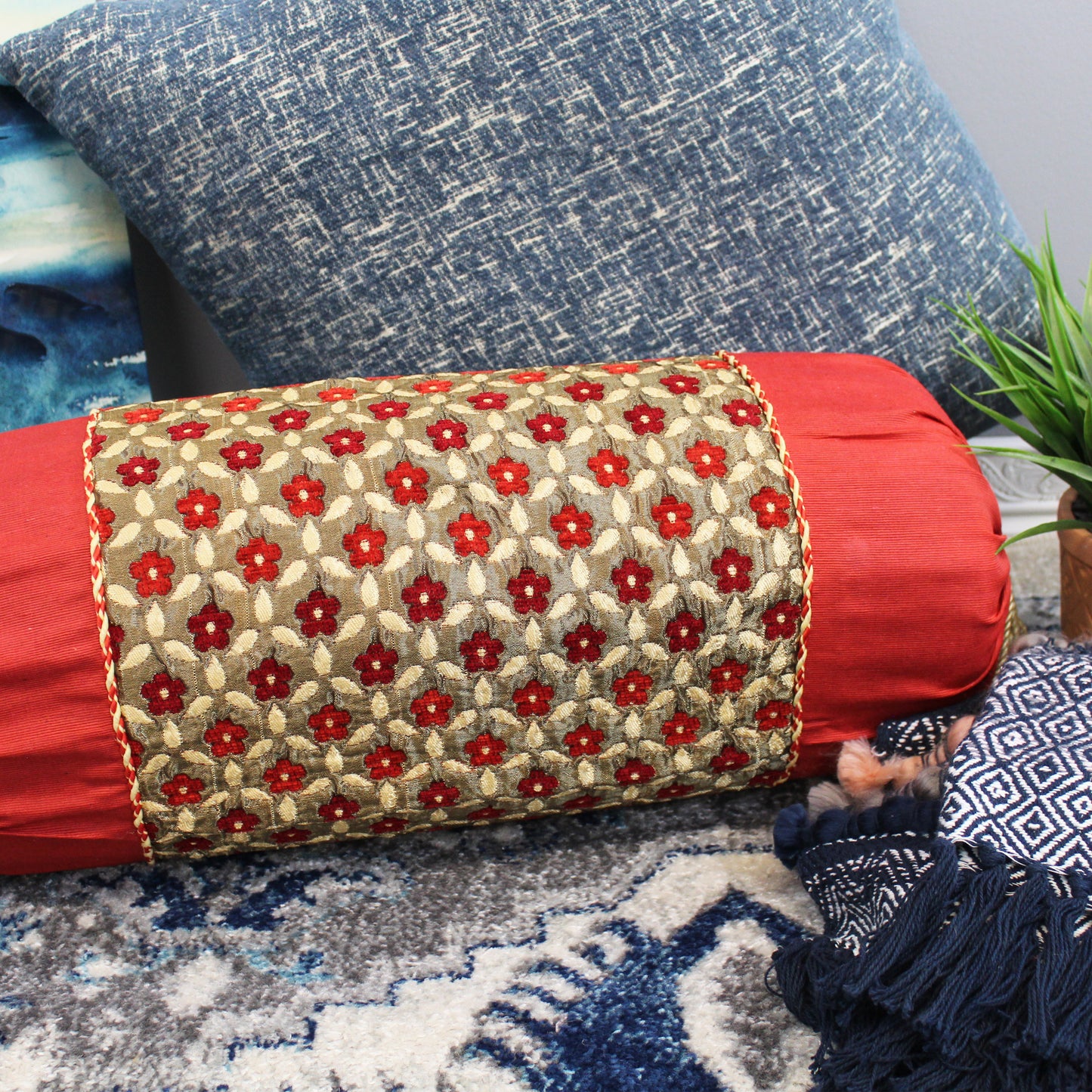 Natural Geo Red/Gold Gao Takiya Bolster Cylindrical Pillow (Set of 2)