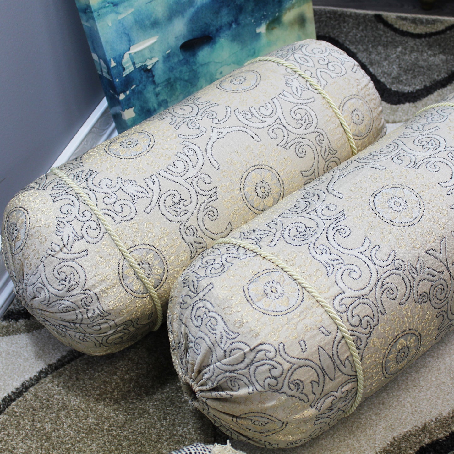 Natural Geo Ivory/Gold Gao Takiya Bolster Pillow (Set of 2)