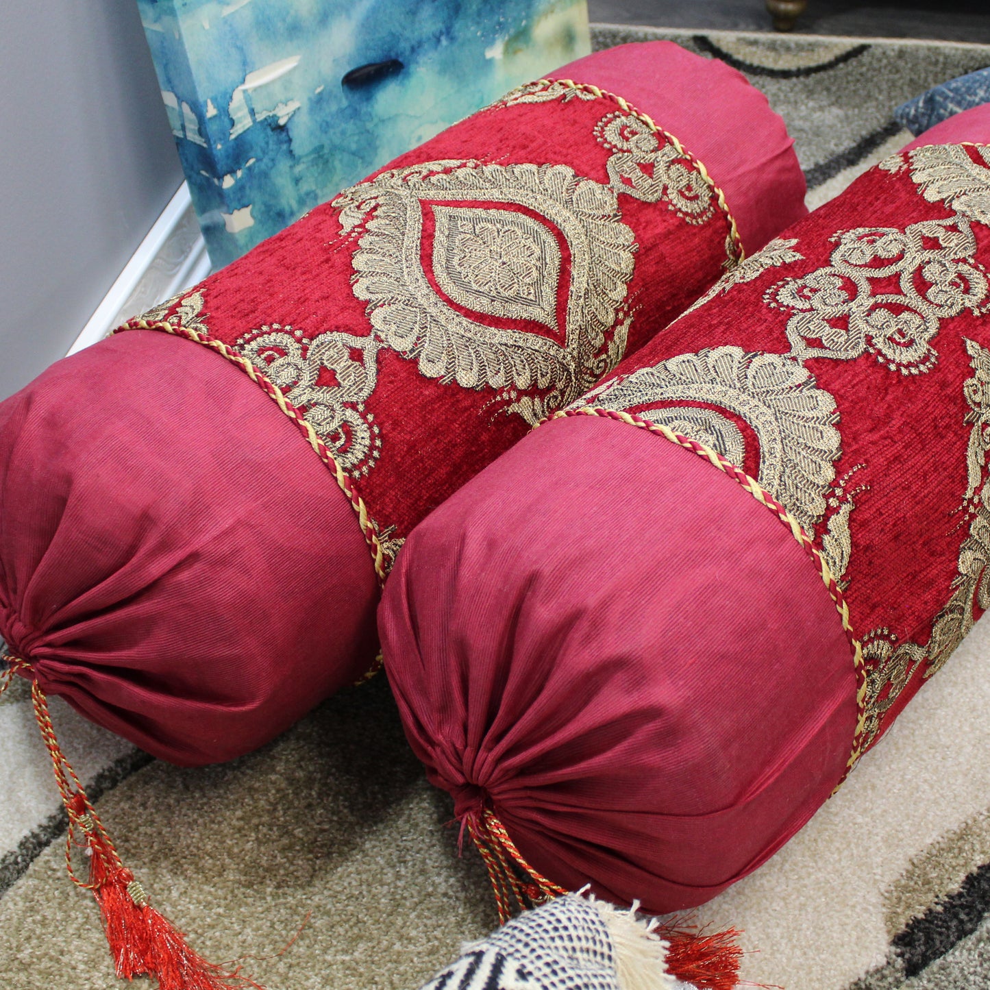 Natural Geo Red/Gold Gao Takiya Bolster Pillow (Set of 2)