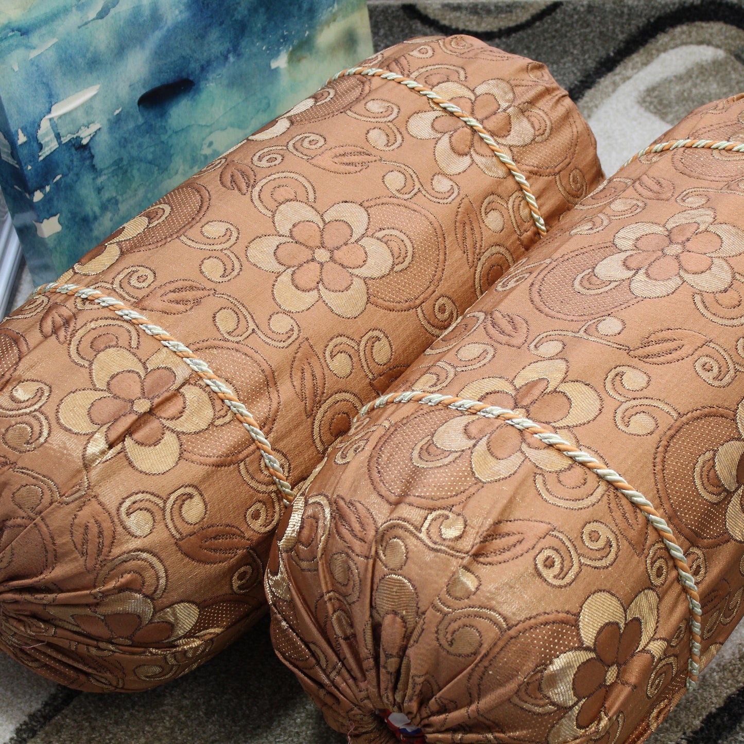 Natural Geo Peach Orange Gao Takiya Bolster Pillow (Set of 2)