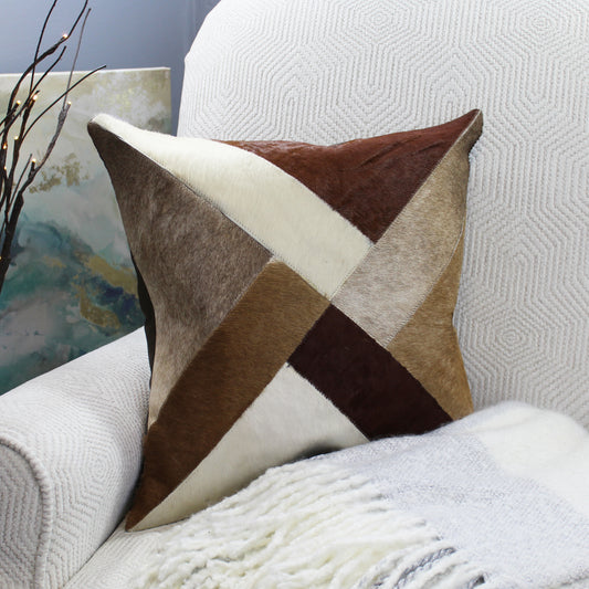 Natural Geo Brown/White Abstract Geometric Cowhide Throw Pillow