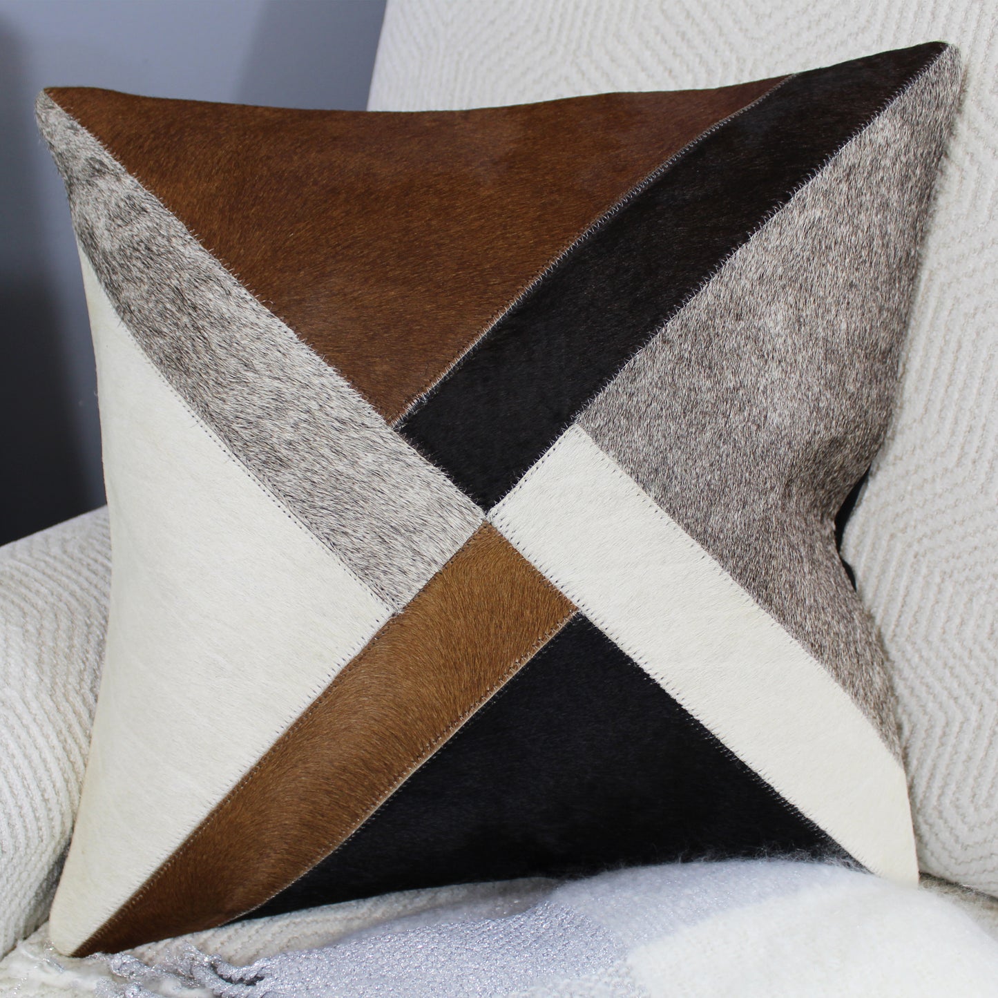Natural Geo Brown/Gray/White Abstract Geometric Cowhide Throw Pillow