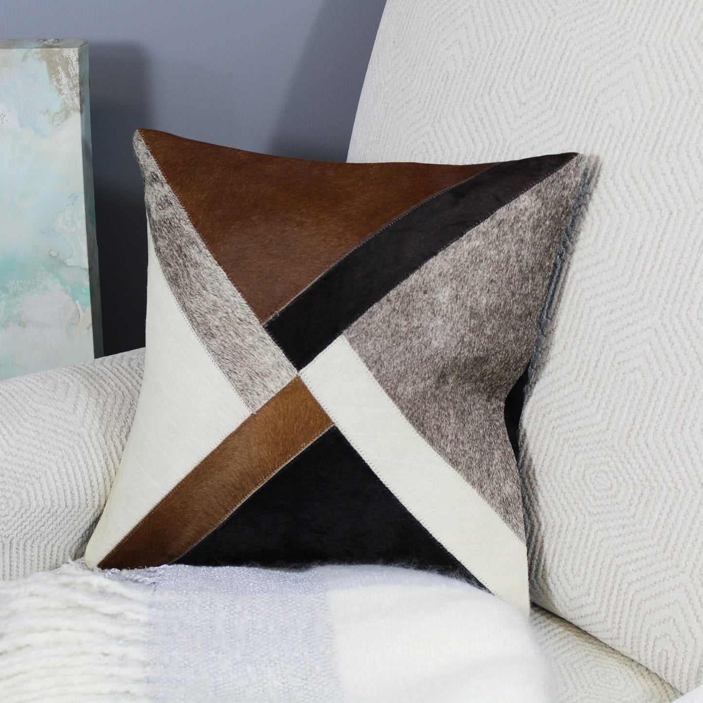 Natural Geo Brown/Gray/White Abstract Geometric Cowhide Throw Pillow