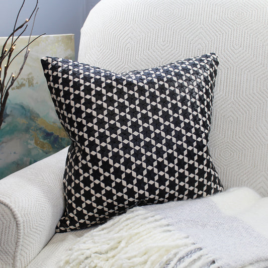 Natural Geo Black/White Leather Geometric Star Throw Pillow