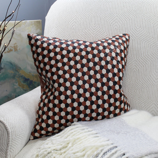 Natural Geo Brown/Black/White Leather Geometric Throw Pillow