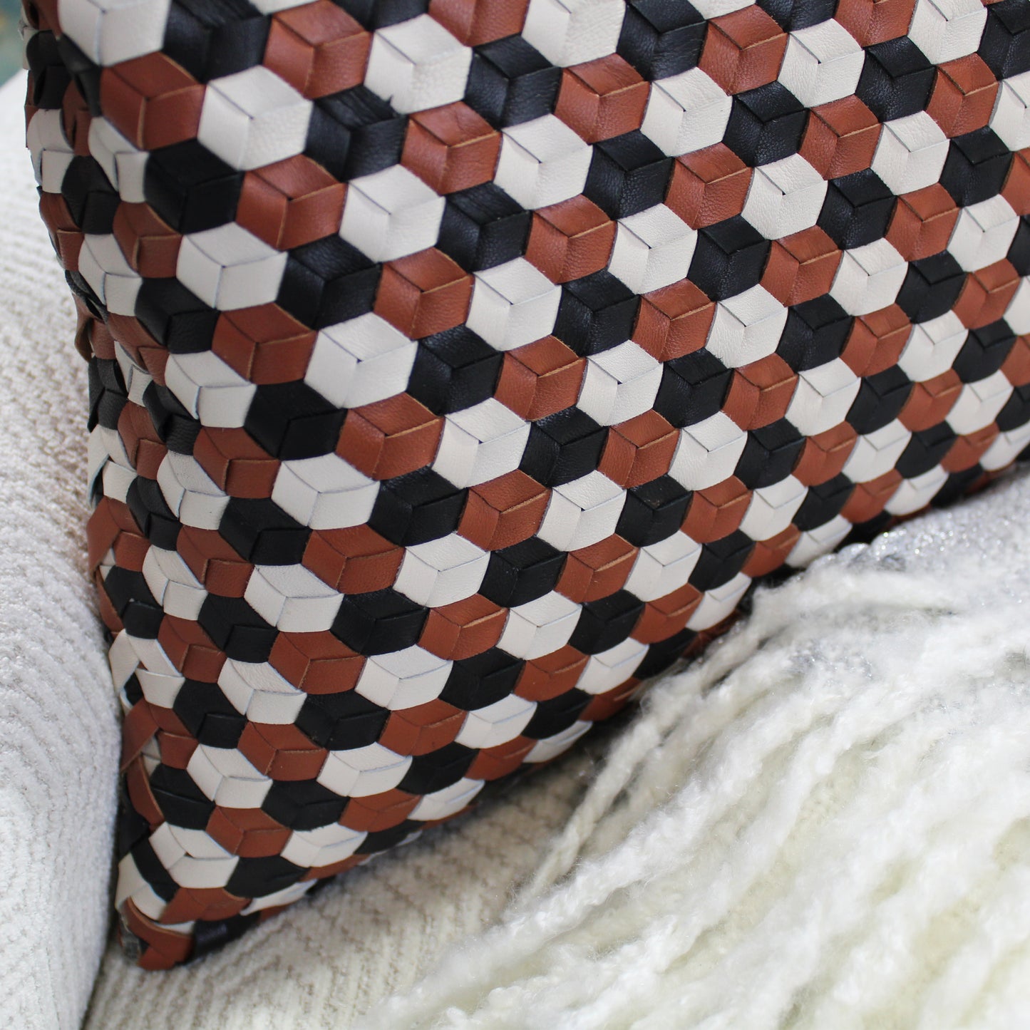 Natural Geo Brown/Black/White Leather Geometric Throw Pillow