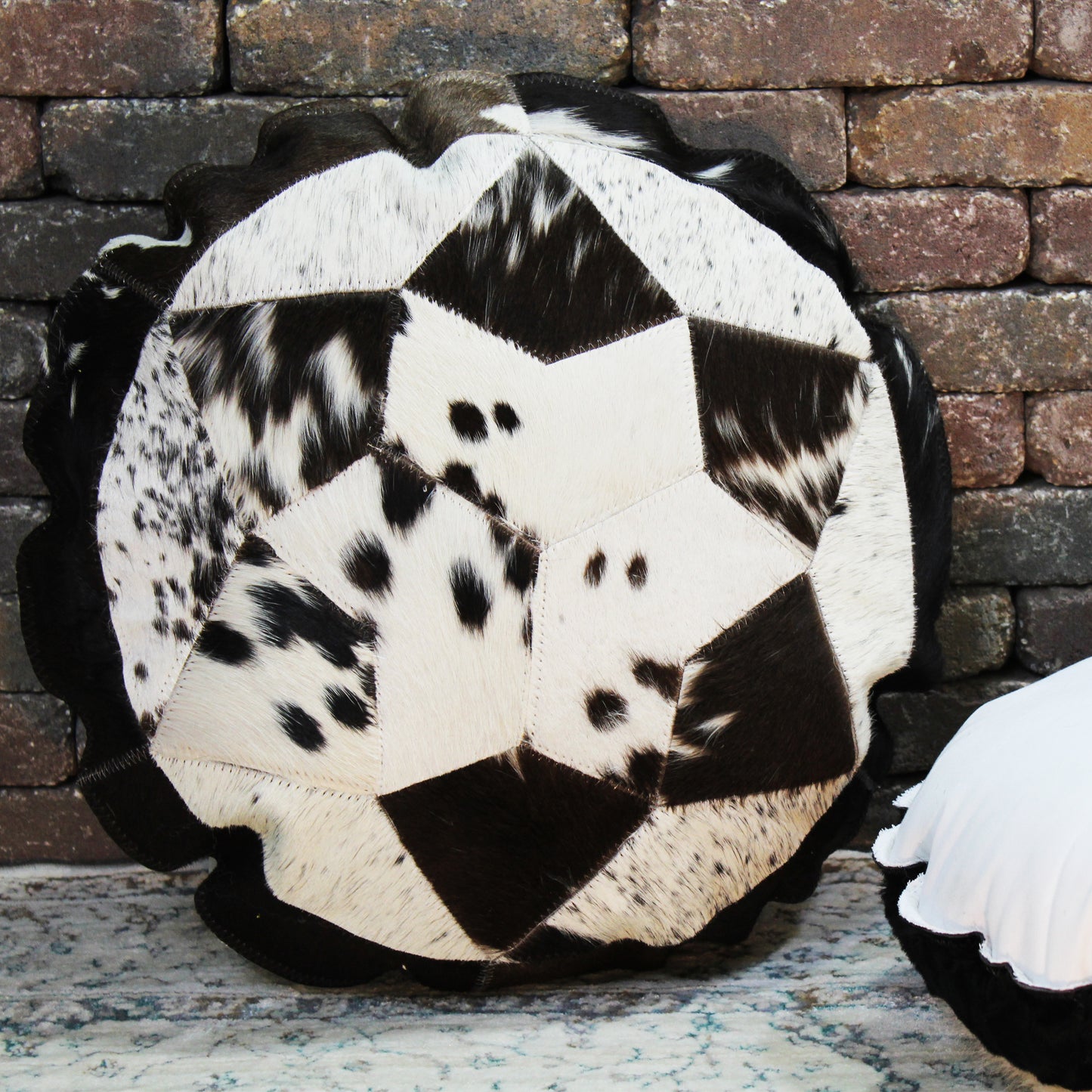 Natural Geo Herd Cowhide Black/Brown/White Round Decorative Throw Pillow