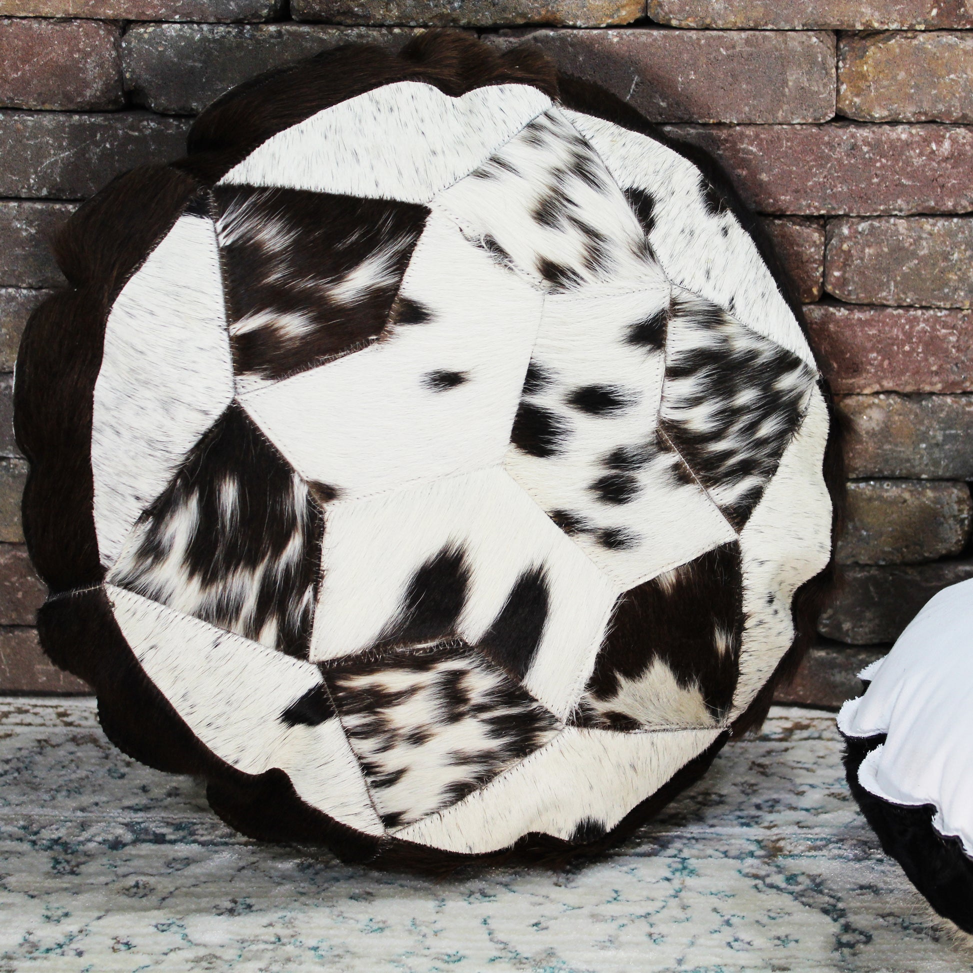 Natural Geo Herd Cowhide Black/Brown/White Round Decorative Throw Pillow