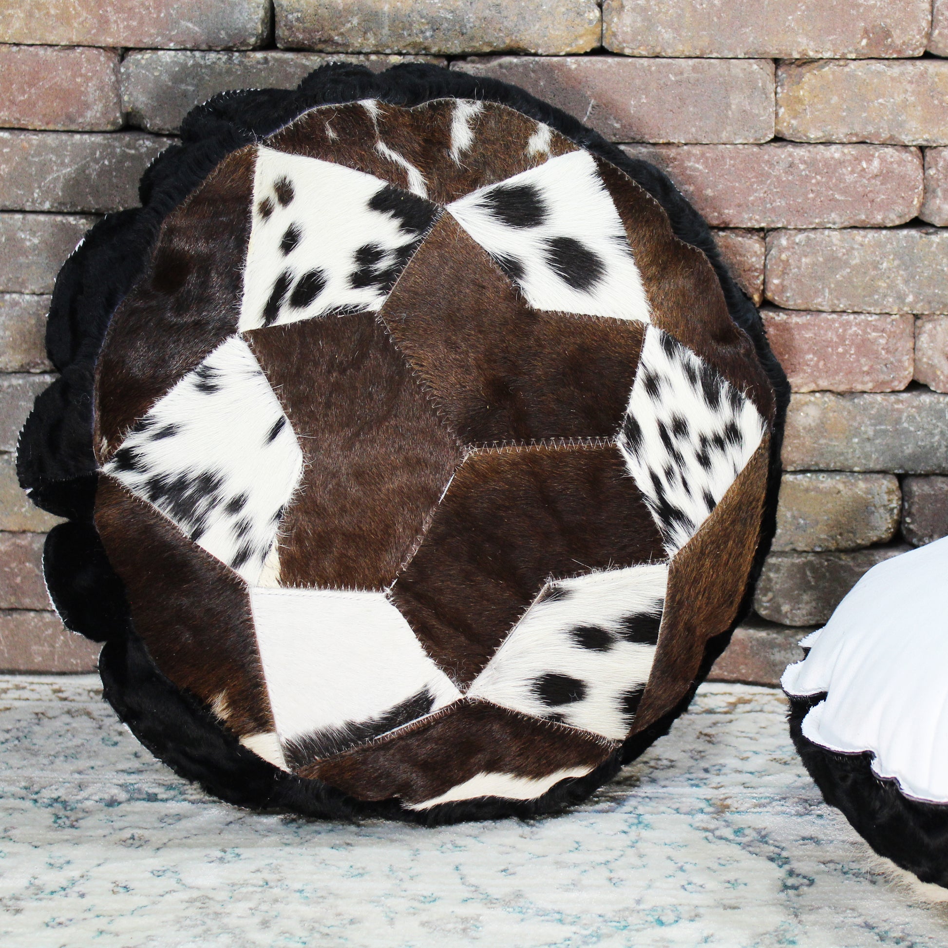 Natural Geo Herd Cowhide Black/Brown/White Round Decorative Throw Pillow