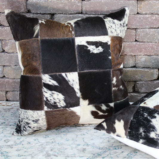 Natural Geo Herd Cowhide Black/Brown/White Square Decorative Throw Pillow