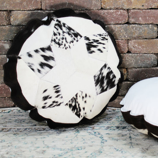 Natural Geo Herd Cowhide Black/Brown/White Round Decorative Throw Pillow