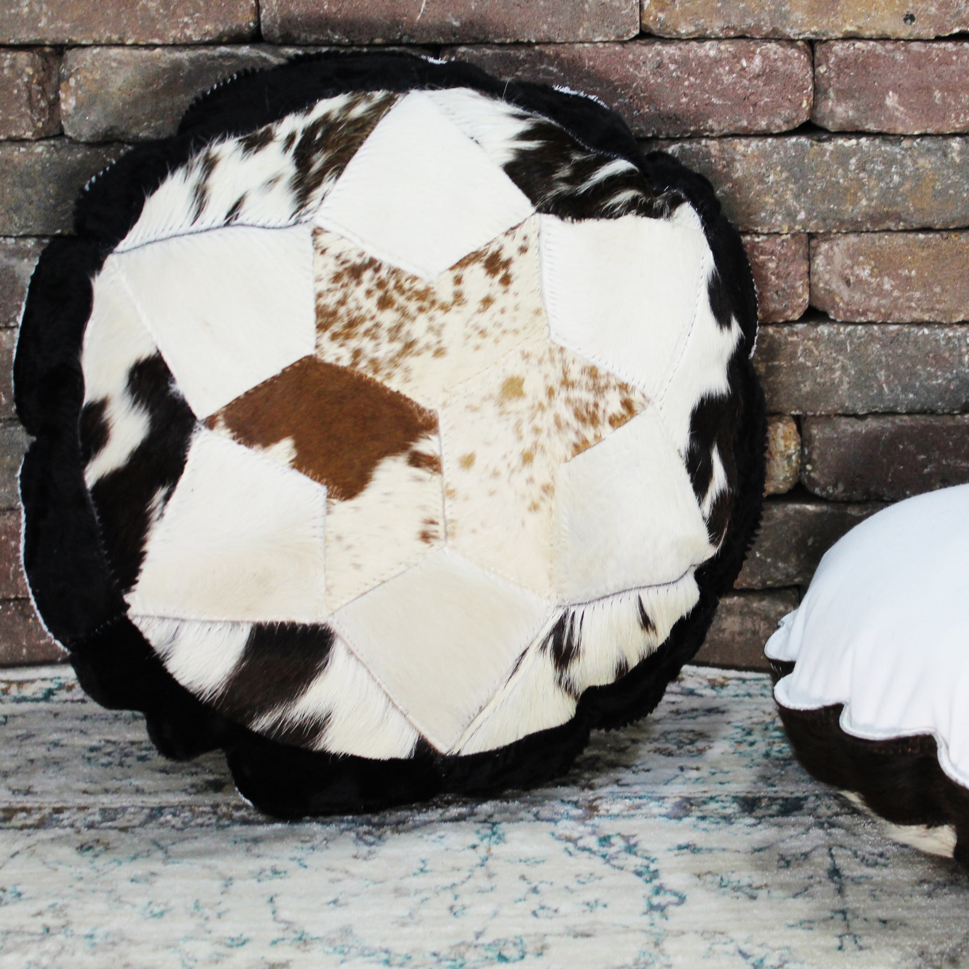 Natural Geo Herd Cowhide Black/Brown/White Round Decorative Throw Pillow