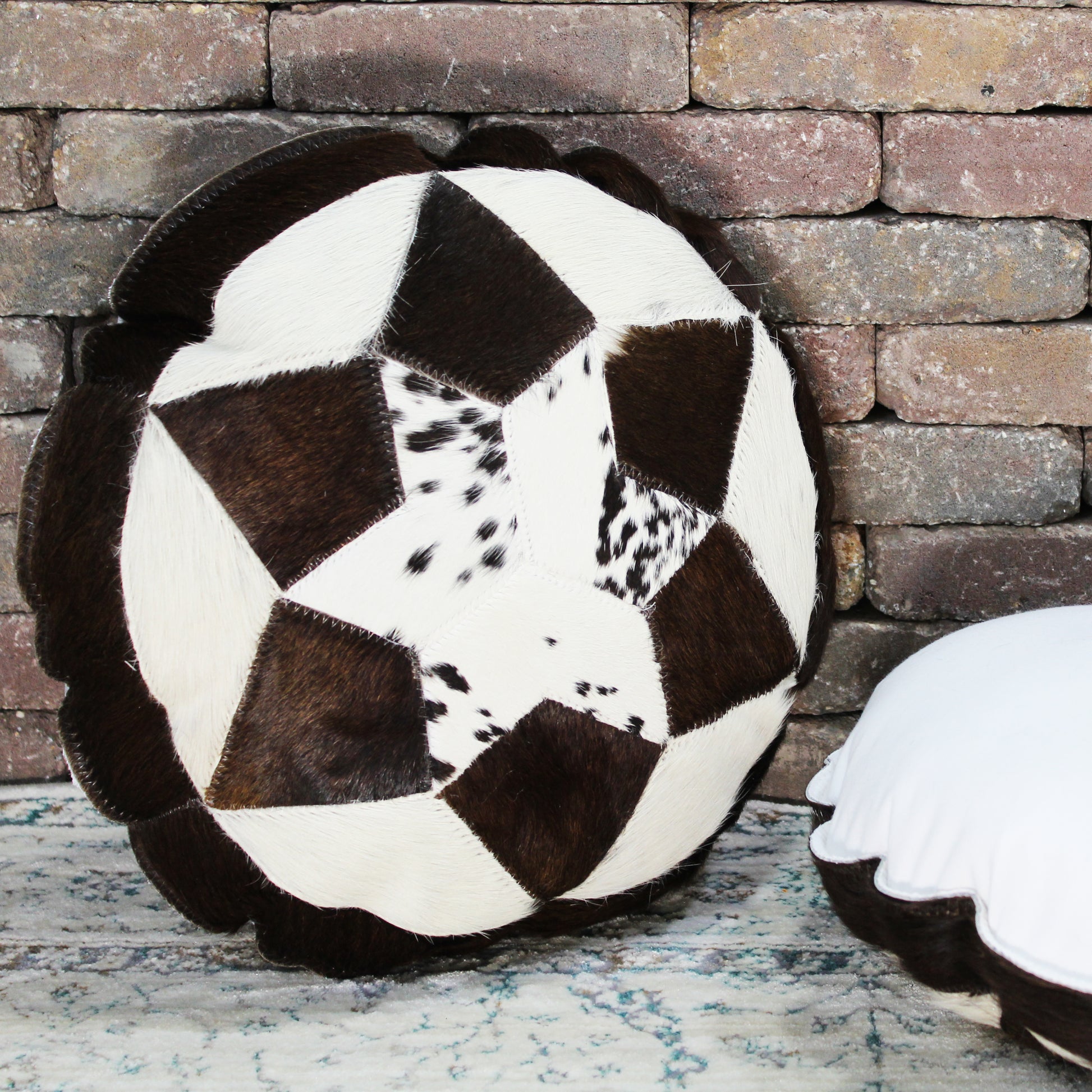Natural Geo Herd Cowhide Black/Brown/White Round Decorative Throw Pillow