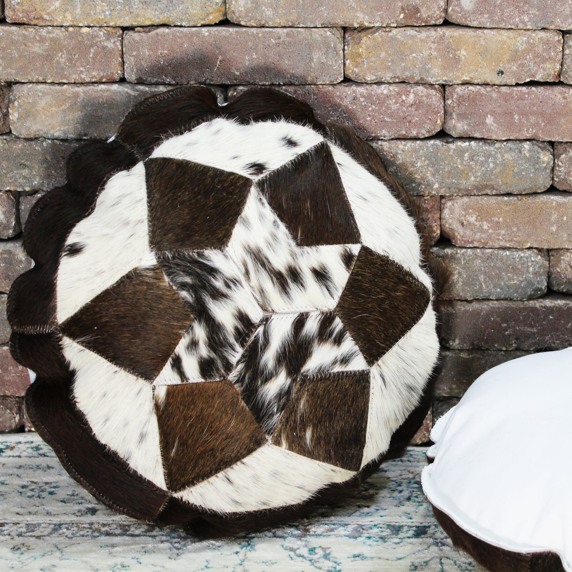 Natural Geo Herd Cowhide Black/Brown/White Round Decorative Throw Pillow