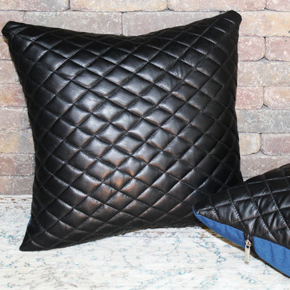 Natural Geo Voguish Leather Black/Blue Square Decorative Throw Pillow