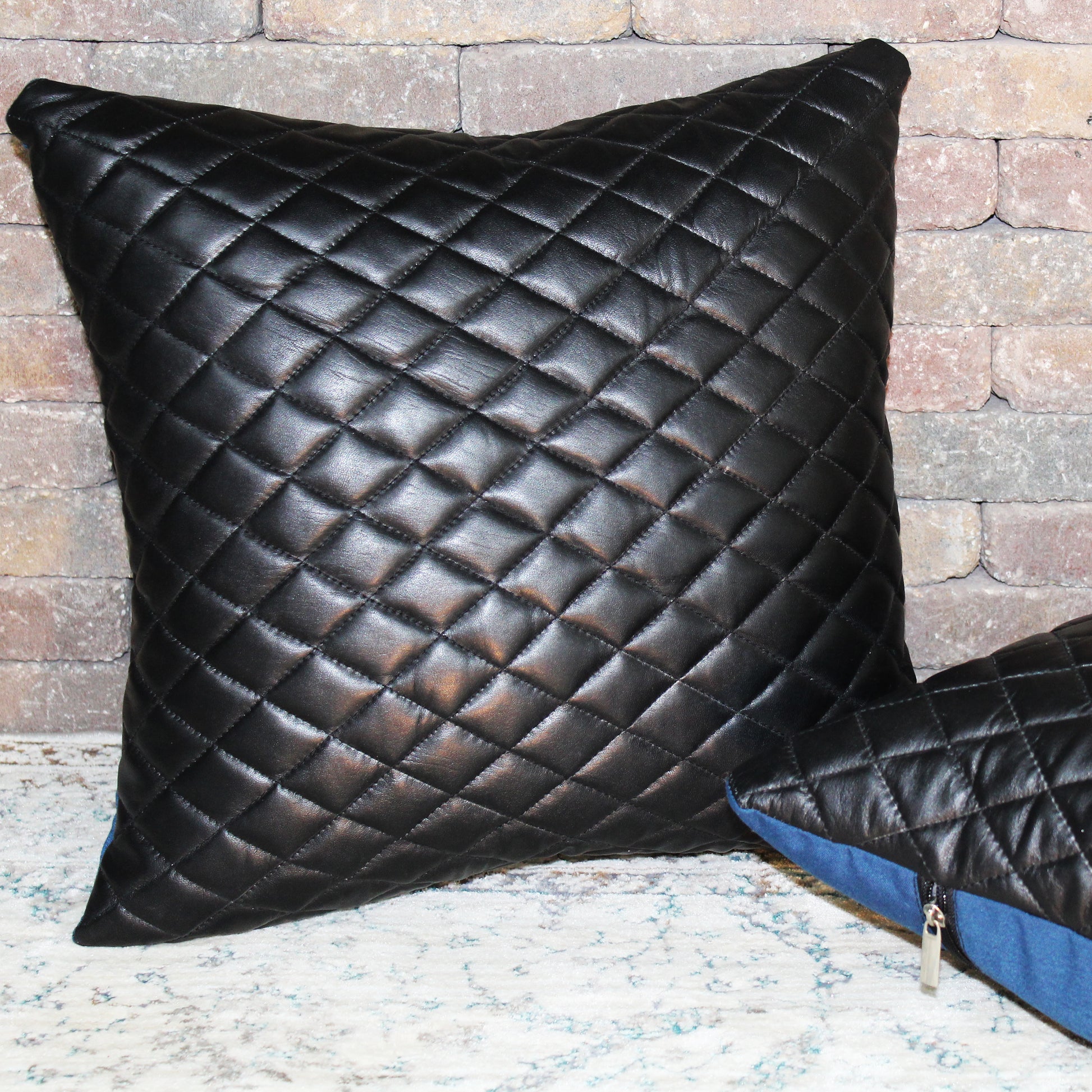 Natural Geo Voguish Leather Black/Blue Square Decorative Throw Pillow