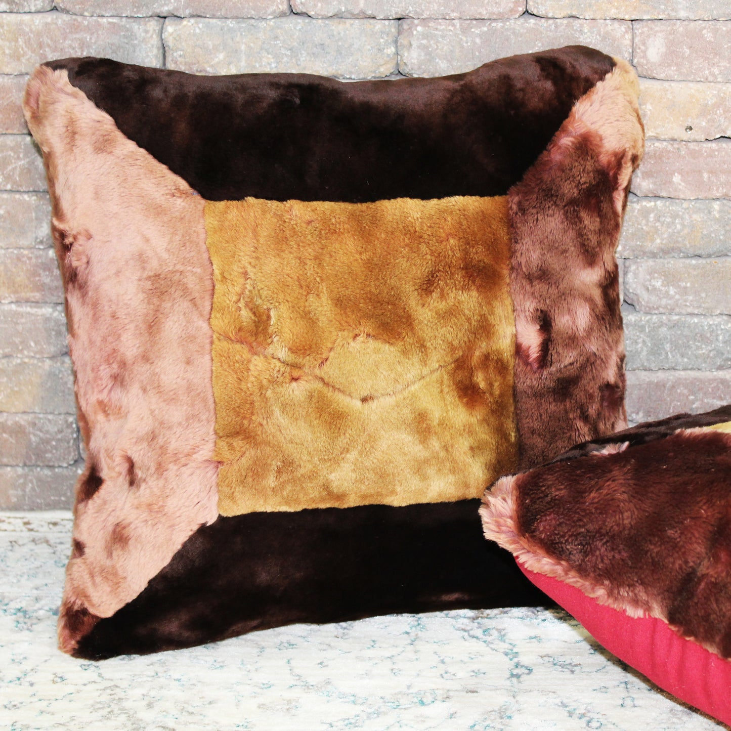 Natural Geo Flocculent Sheepskin Beige/Brown Square Decorative Throw Pillow
