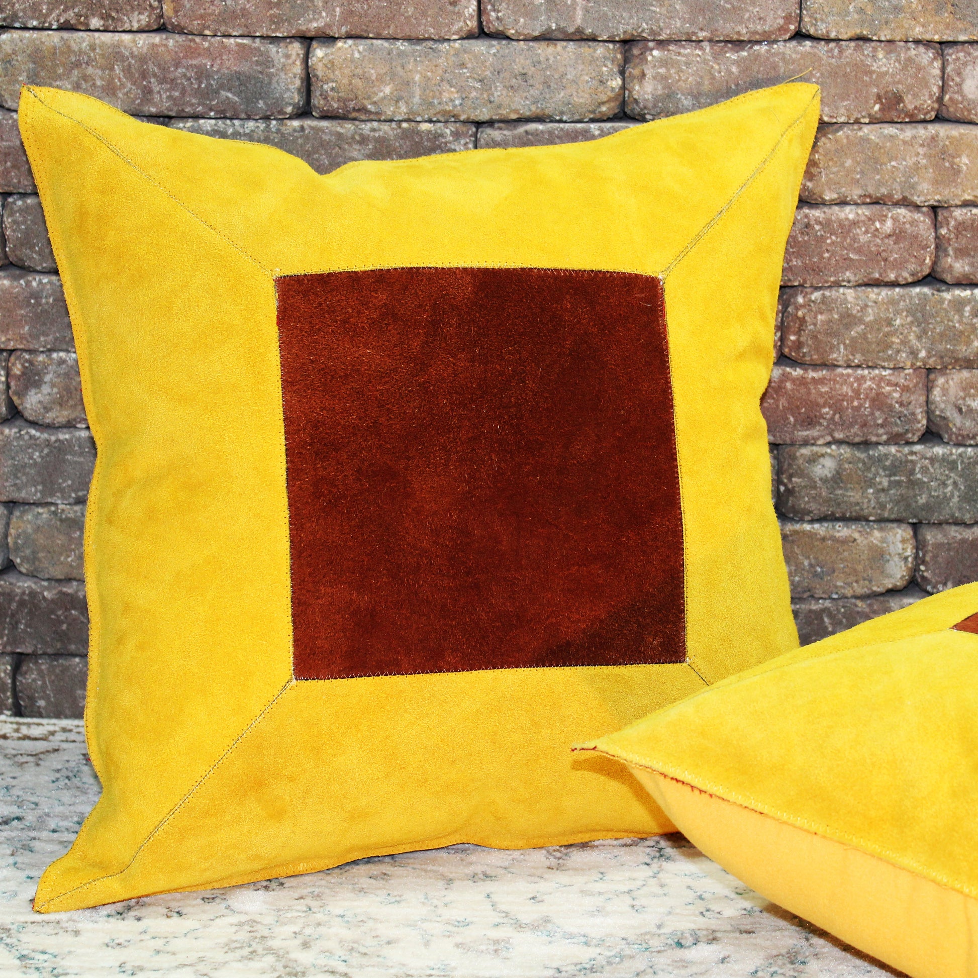 Natural Geo Prolific Leather Suede Yellow/Brown Square Decorative Throw Pillow