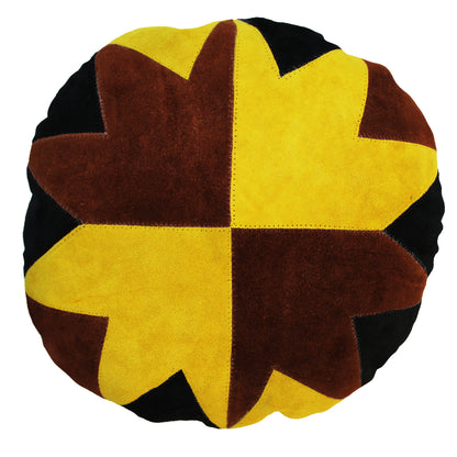 Natural Geo Prolific Leather Suede Yellow/Brown/Black Round Decorative Throw Pillow