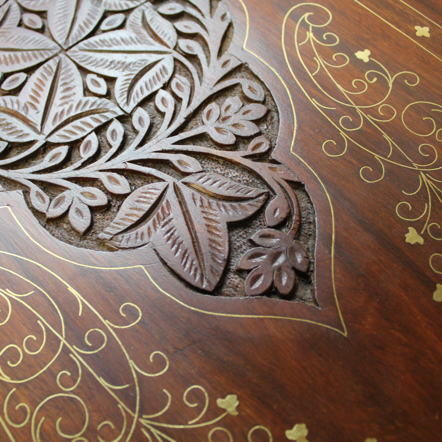 Natural Geo Handcarved Rosewood 42" Decorative Shelf with Brass Inlay