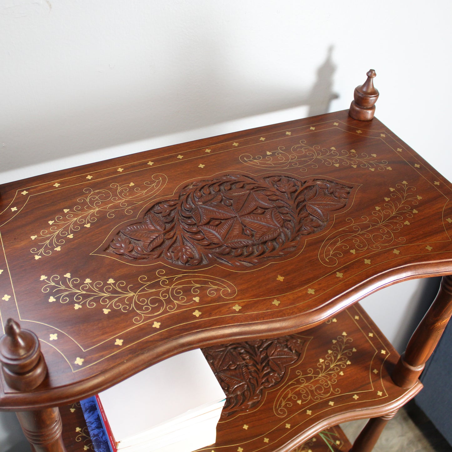 Natural Geo Handcarved Rosewood 42" Decorative Shelf with Brass Inlay