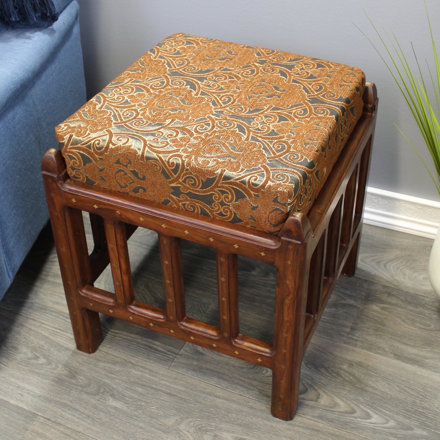 Natural Geo Decorative Brown/Gold Rosewood Cushioned Accent Stool