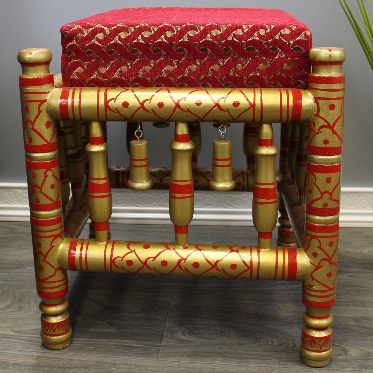 Natural Geo Decorative Red/Gold Rosewood Cushioned Accent Stool