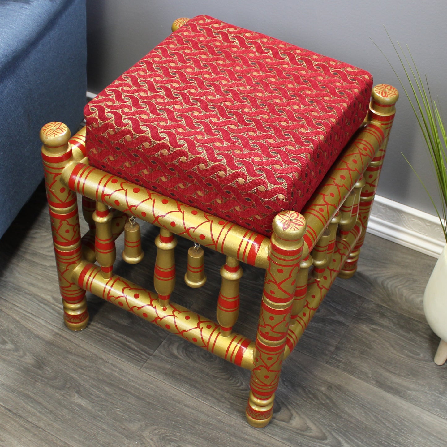 Natural Geo Decorative Red/Gold Rosewood Cushioned Accent Stool