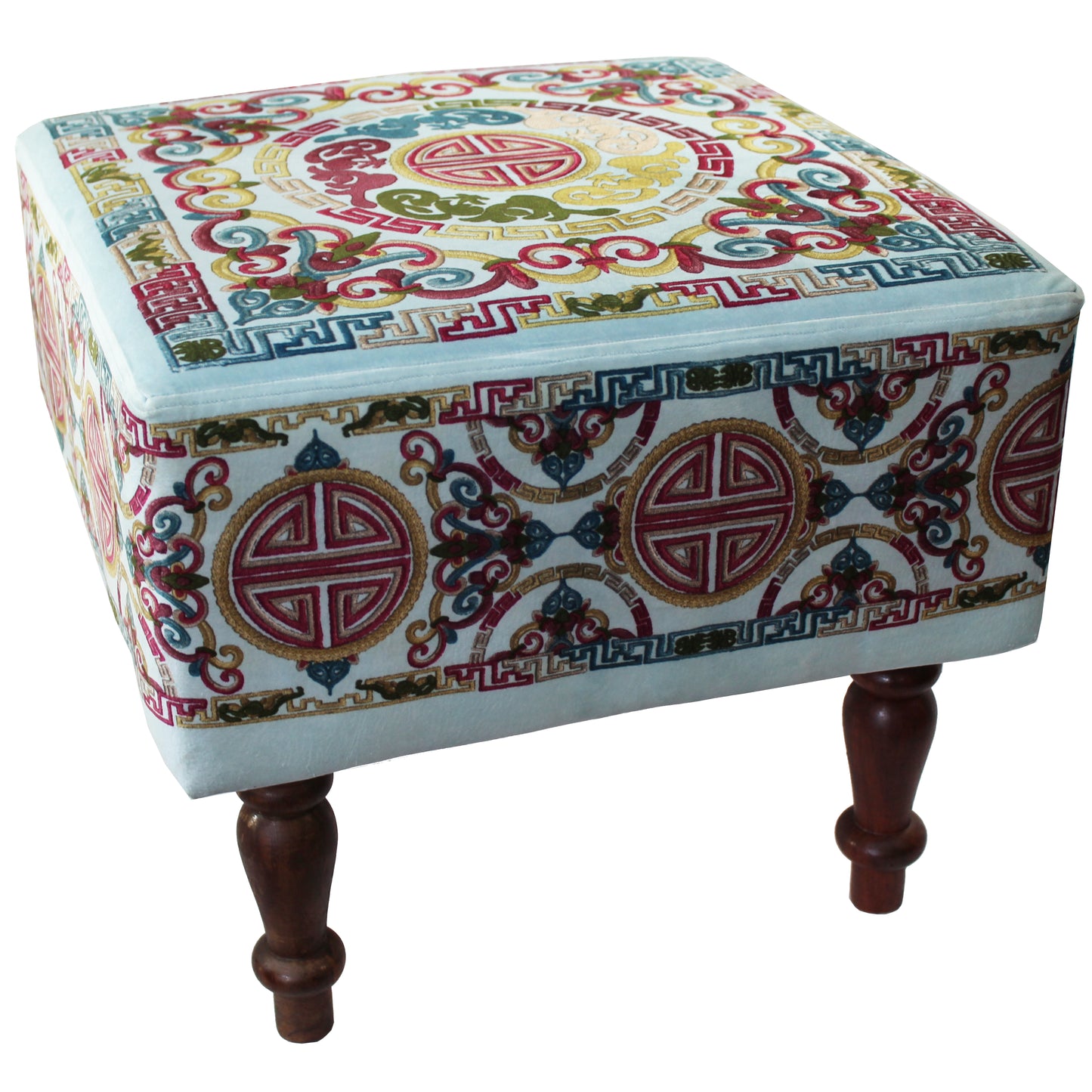 Natural Geo Multicolored Blue Decorative 17" Square Stool