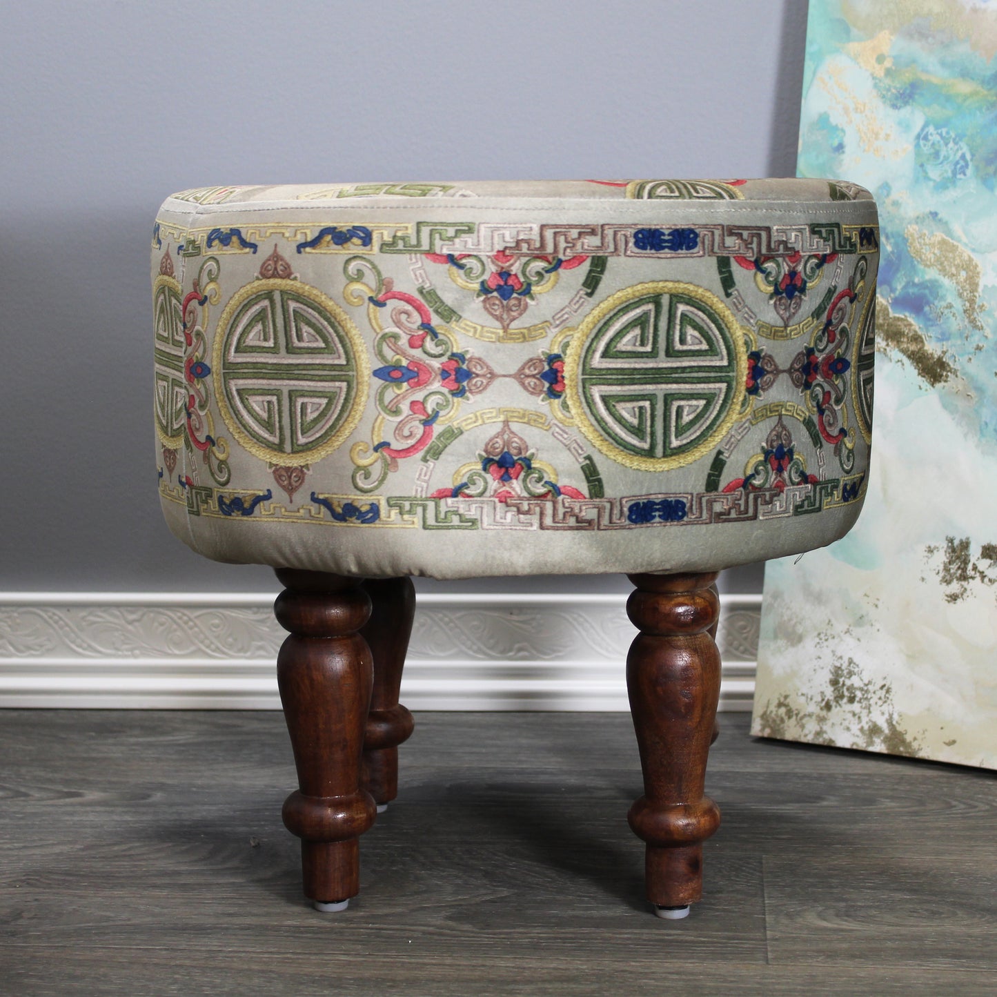 Natural Geo Multicolored Gray Decorative 16" Round Stool