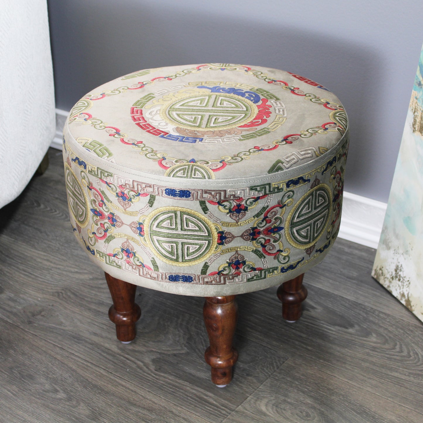 Natural Geo Multicolored Gray Decorative 16" Round Stool