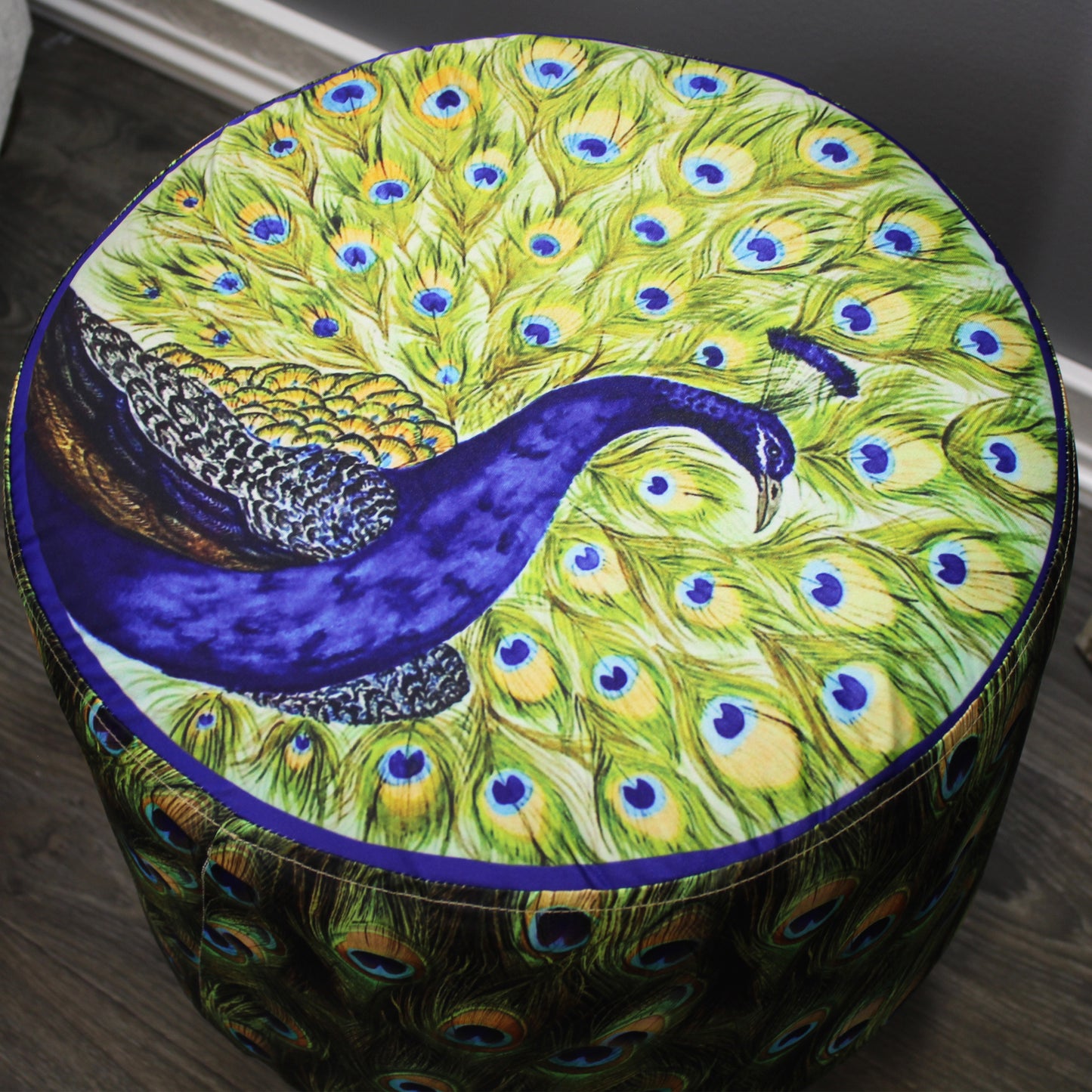 Natural Geo Blue/Green Peacock Decorative 17" Round Stool