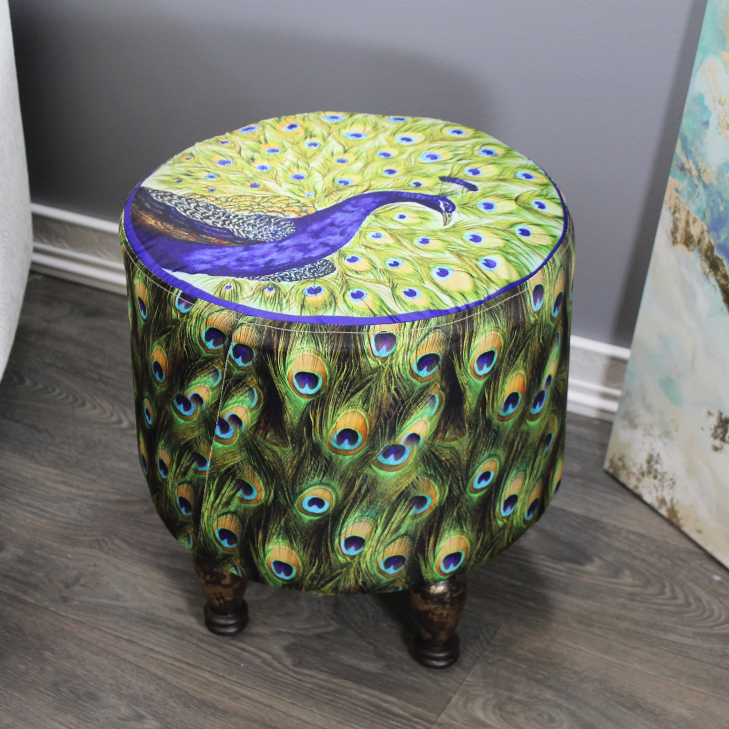 Natural Geo Blue/Green Peacock Decorative 17" Round Stool