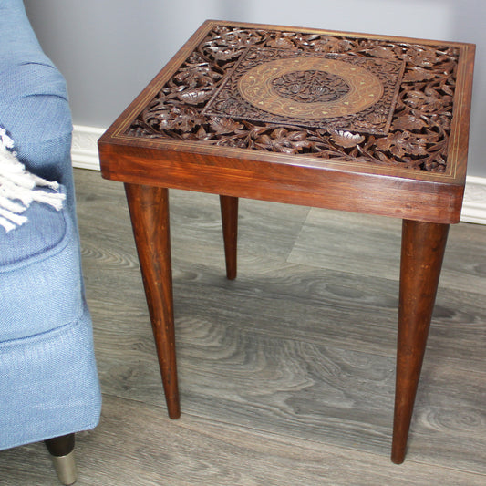 Natural Geo Handcarved Square Rosewood Decorative Accent Table