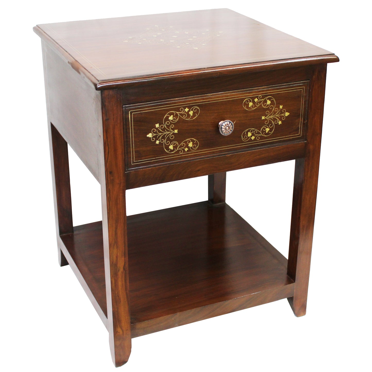 Natural Geo Decorative Rosewood Square Wooden End Table with Drawer