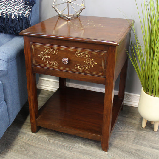 Natural Geo Decorative Rosewood Square Wooden End Table with Drawer