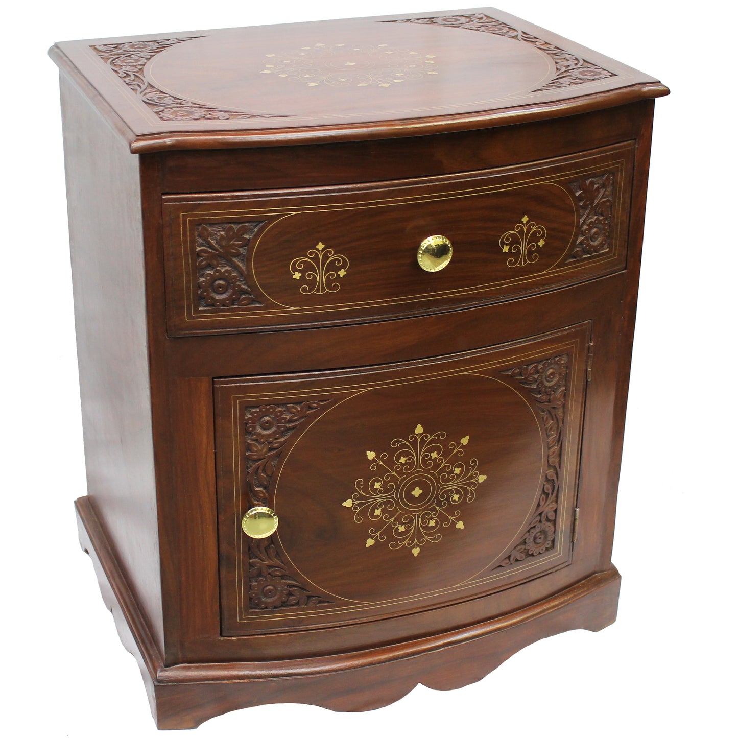 Natural Geo Decorative Rosewood Curved Wooden End Table with Drawer & Cabinet