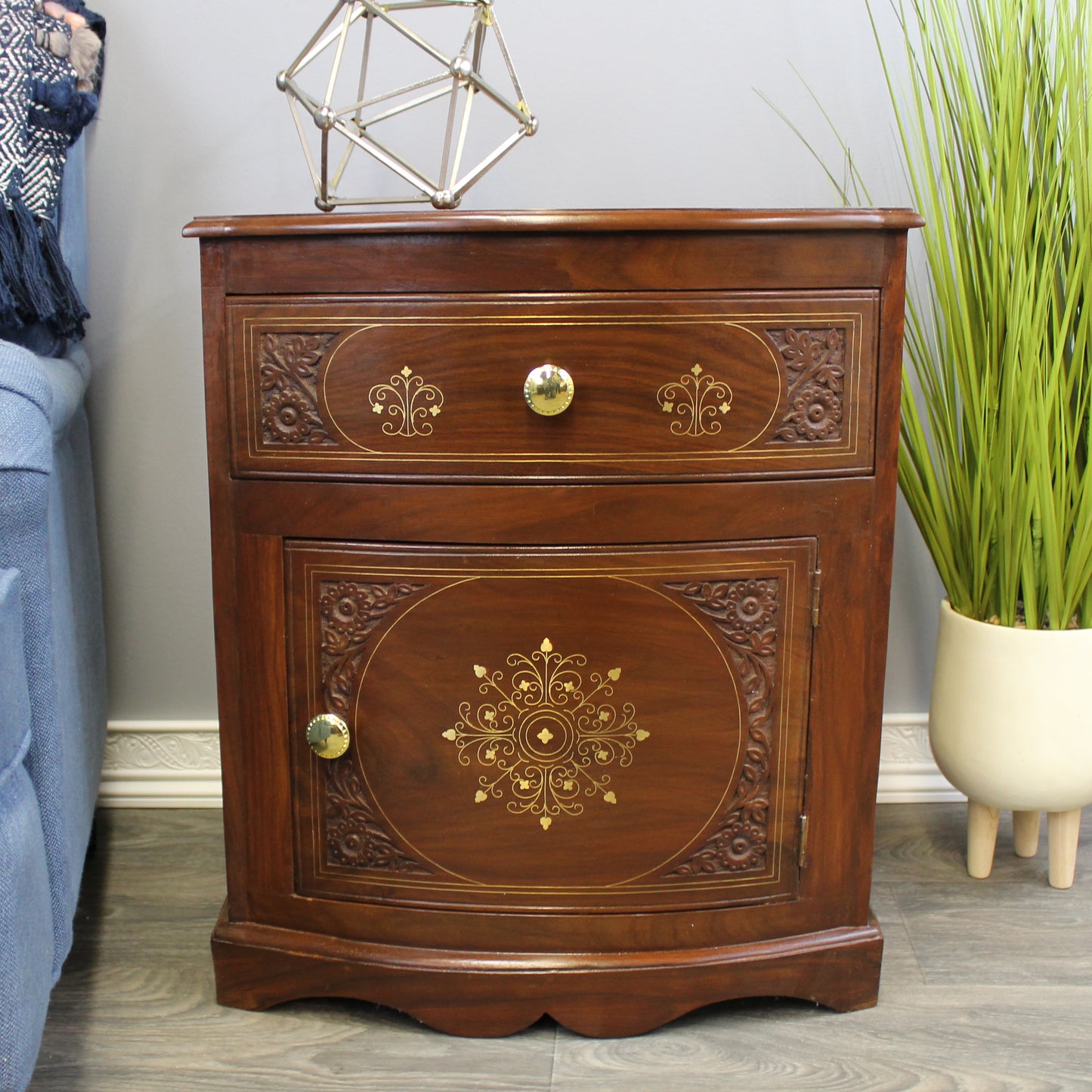 Natural Geo Decorative Rosewood Curved Wooden End Table with Drawer & Cabinet
