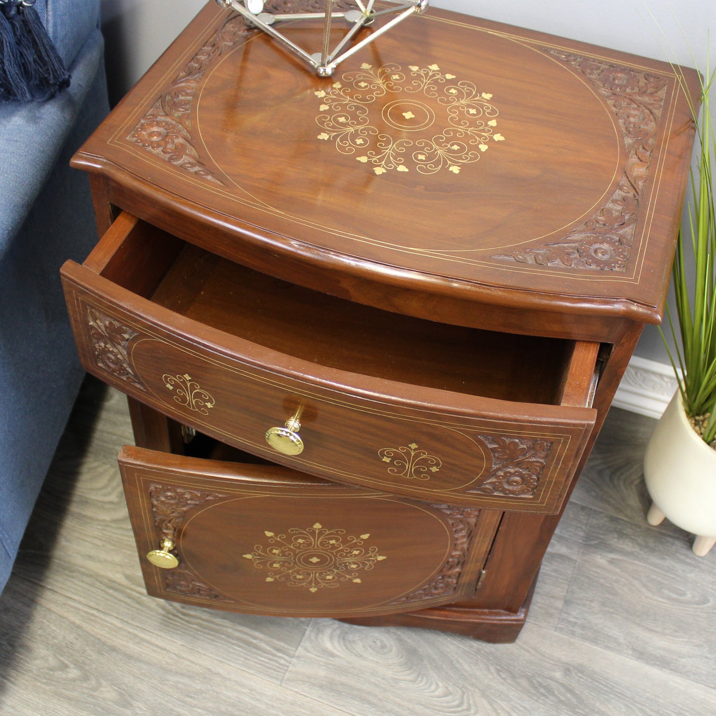 Natural Geo Decorative Rosewood Curved Wooden End Table with Drawer & Cabinet