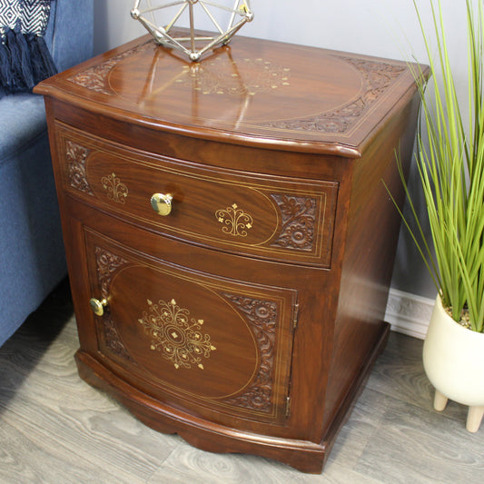 Natural Geo Decorative Rosewood Curved Wooden End Table with Drawer & Cabinet