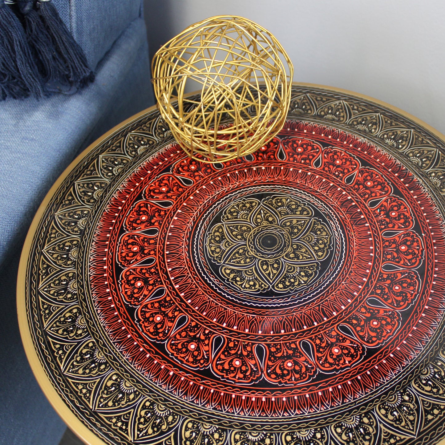 Natural Geo Decorative Rosewood Round Wooden Accent Table Red/Gold/Black