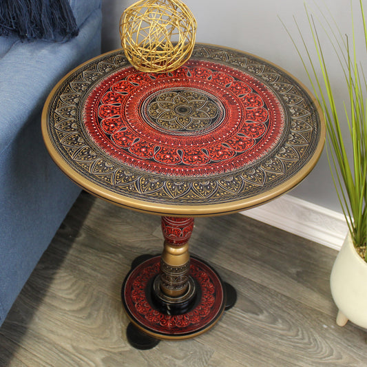 Natural Geo Decorative Rosewood Round Wooden Accent Table Red/Gold/Black