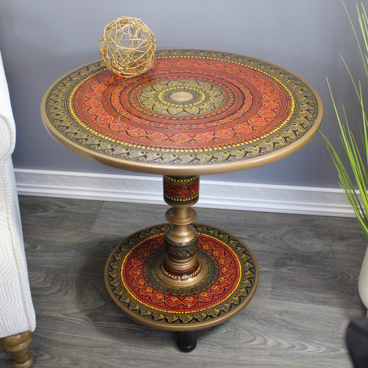 Natural Geo Rosewood Round Wooden 24" Accent Table - Red